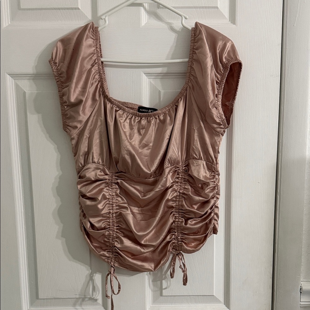 Almost Famous Blush Ruched Satin Blouse
